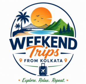 Weekend Trips From Kolkata logo featuring beach, mountains, Howrah Bridge and travel suitcase for West Bengal travel guide